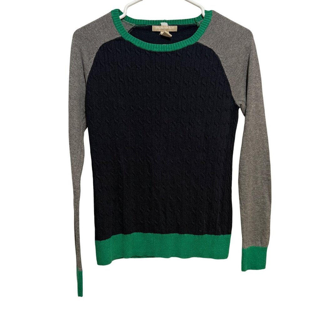 Banana Republic Womens S Cable Knit Sweater Navy/Gray/Green Cotton Blend